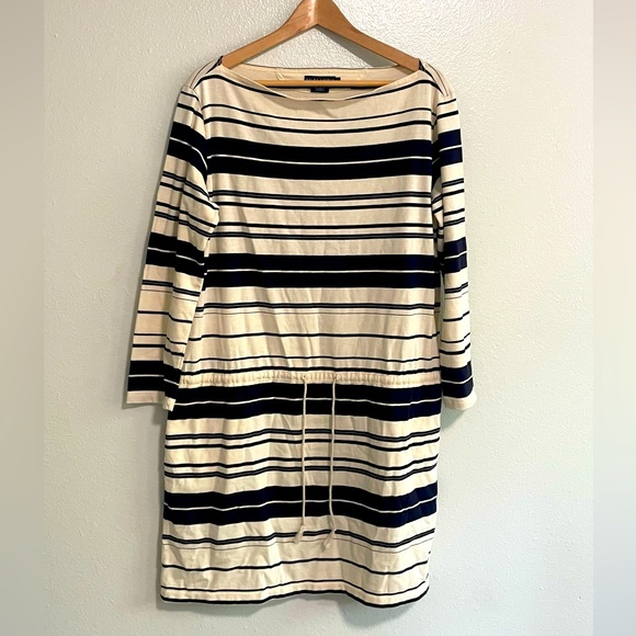 Ralph Lauren Striped Pattern Dress 3/4 Sleeve Boat Neck White & Blue Size Large - Picture 1 of 6